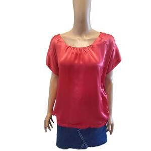 Chico’s Silk Blend Red Blouse Size 2 Large Short Sleeve Satin Top